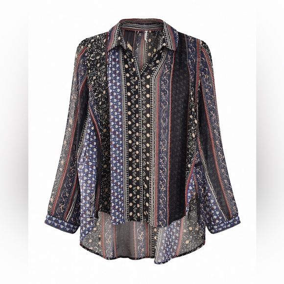 Free People Tops - Free People Sheer Boho Patchwork Print Button-Up Blouse | Size S